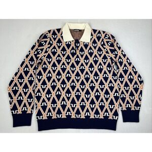 J Lindeberg Benny Knitted Shirt L Blue White Orange Diamonds Signature Sweater